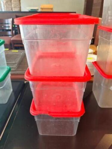 DESCRIPTION: (3) 6 QT PLASTIC CONTAINERS W/ LIDS SIZE 6 QT LOCATION: FRONT THIS LOT IS: SOLD BY THE PIECE QTY: 3