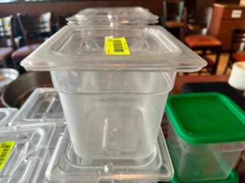 DESCRIPTION: (8) 1/6 SIZE PLASTIC INSERTS W/ LIDS ADDITIONAL INFORMATION 6" DEEP LOCATION: FRONT THIS LOT IS: SOLD BY THE PIECE QTY: 8