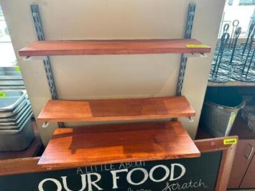 DESCRIPTION: THREE TIER 24" WALL MOUNTED WOOD SHELVING UNIT LOCATION: FRONT THIS LOT IS: ONE MONEY QTY: 1