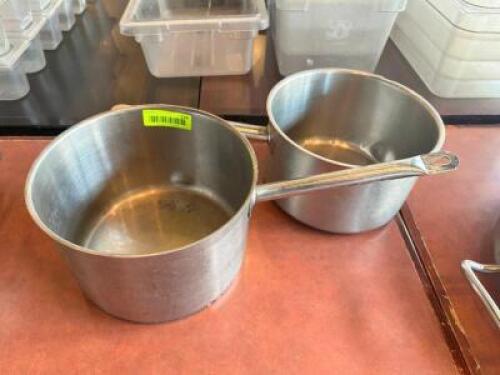 DESCRIPTION: (2) 10" STAINLESS SAUCE POTS SIZE 10" LOCATION: FRONT THIS LOT IS: SOLD BY THE PIECE QTY: 2