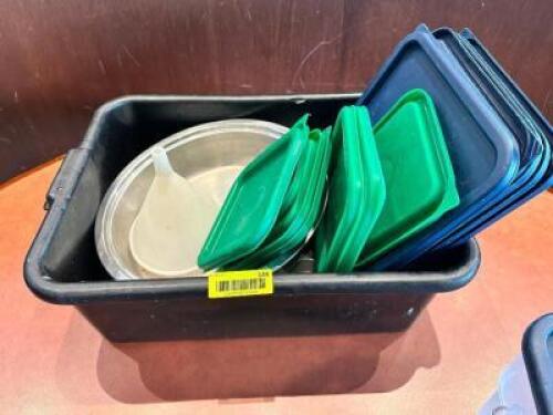 DESCRIPTION: BUS TUB AND CONTENTS - ASSORTED LIDS AND SMALL WARES. LOCATION: FRONT THIS LOT IS: ONE MONEY QTY: 1