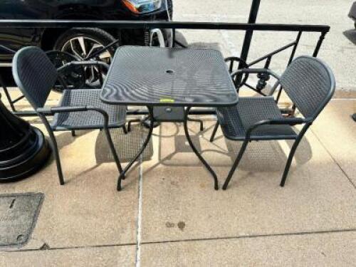 DESCRIPTION: 28" X 28" WROUGHT IRON PATIO TABLE W/ (3) CHAIRS LOCATION: OUTSIDE QTY: 1