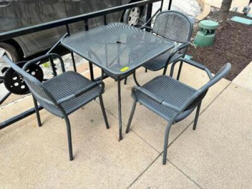 DESCRIPTION: 28" X 28" WROUGHT IRON PATIO TABLE W/ (4) CHAIRS LOCATION: OUTSIDE QTY: 1