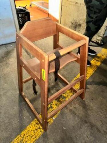 DESCRIPTION: (2) WOODEN HIGH CHAIRS LOCATION: STORAGE THIS LOT IS: SOLD BY THE PIECE QTY: 2