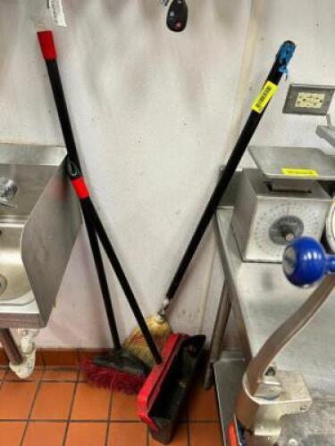 DESCRIPTION: (1) LOT OF ASSORTED BROOMS AND DUST PANS LOCATION: KITCHEN THIS LOT IS: ONE MONEY QTY: 1