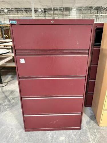 (3) 42" FIVE DRAWER LATERAL FILE CABINETS - MAROON