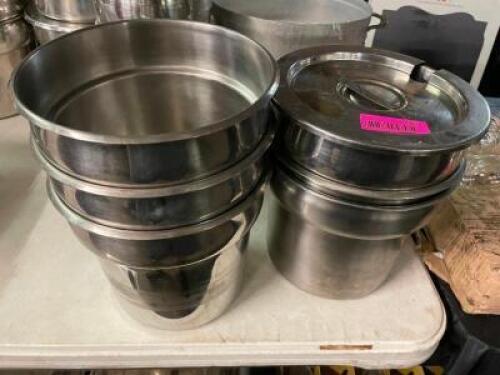 (5) 9" ROUND STAINLESS INSERTS, (2) HAVE LIDS.