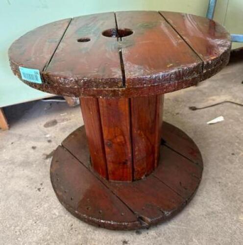 DESCRIPTION: VINTAGE WOODEN REEL REPURPOSED AS ACCENT TABLE SIZE: 21"X19" QTY: 1