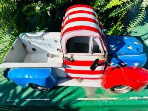 DESCRIPTION: HAND CRAFTED AMERICAN FLAG METAL TRUCK TOY SIZE: 24"X9"X12" QTY: 1