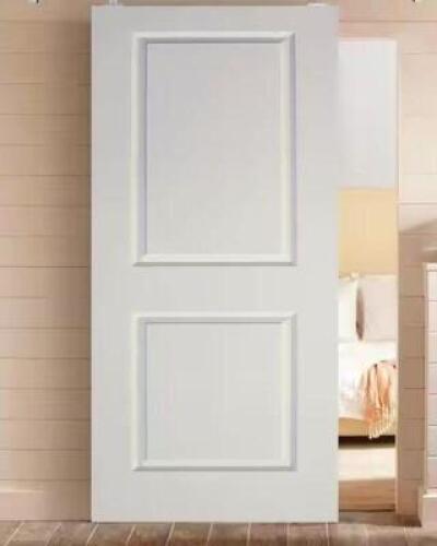 TOP MOUNT DOOR TRACK HARDWARE AND WHITE PRIMED MDF RAISED 2 PANEL INTERIOR SLIDING BARN DOOR