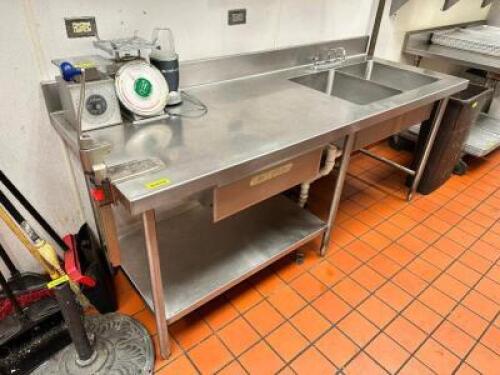 DESCRIPTION: 72" X 30" STAINLESS TABLE W/ RIGHT HAND TWO WELL SINGLE ADDITIONAL INFORMATION W/ MOUNTED CAN OPENER AND 4" BACK SPLASH SIZE 72" X 30" LO