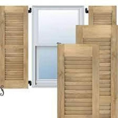 DESCRIPTION: (2) PAIRS OF EXTERIOR SHUTTERS BRAND/MODEL: AMERICRAFT INFORMATION: REAL WOOD, LOUVER SIZE: 18" W 60" H RETAIL$: $137.08 PER PAIR QTY: 2