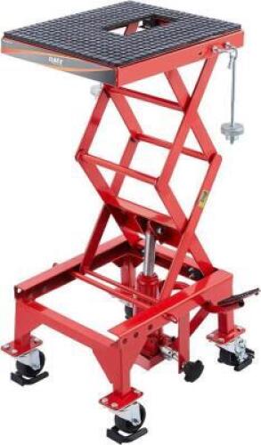 DESCRIPTION: (1) MOTORCYCLE LIFT TABLE, SCISSOR JACK AND STAND BRAND/MODEL: ORION INFORMATION: RED SIZE: 300 LB CAPACITY RETAIL$: $289.99 EA QTY: 1