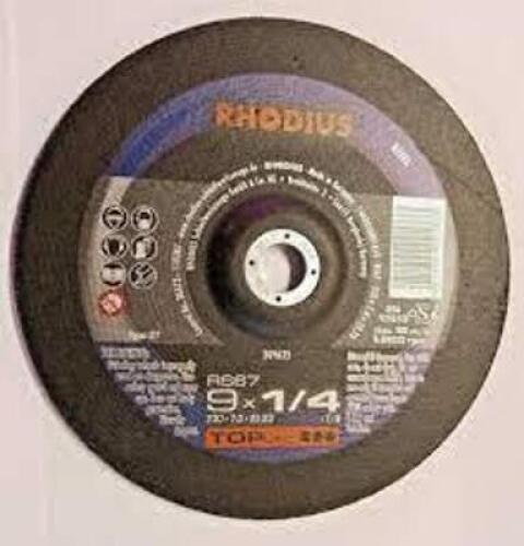 DESCRIPTION: (10) GRINDING DISC BRAND/MODEL: RHODIUS/RS57 INFORMATION: TYPE 27/FOR STEEL SIZE: 9" X 1/4" RETAIL$: 12.98 EACH QTY: 10