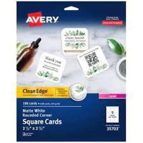 DESCRIPTION: (4) PACKS OF ROUND CORNER SQUARE CARDS BRAND/MODEL: AVERY SIZE: 2.5X2.5 RETAIL$: $20.00 EA QTY: 4
