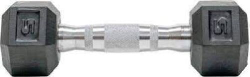 DESCRIPTION: (2) HEX RUBBER COATED DUMBBELL BRAND/MODEL: TRU GRIT #BELLI005 SIZE: 5 LB RETAIL$: $100.00 TOTAL QTY: 2
