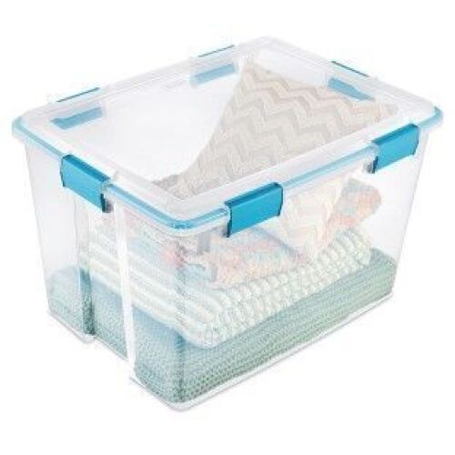 DESCRIPTION: (1) CASE OF (4) HINGED LID STORAGE TOTES BRAND/MODEL: STERILITE #1398 INFORMATION: CLEAR SIZE: 80 QT RETAIL$: $20.00 PER CONTAINER QTY: 1