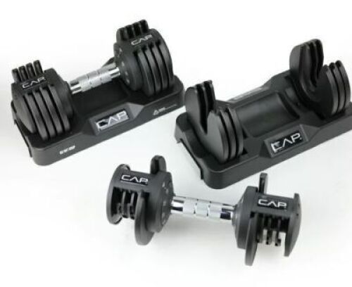 DESCRIPTION: (1) SET OF (2) ADJUSTABLE DUMBBELL BRAND/MODEL: CAP INFORMATION: BLACK SIZE: 50 LB RETAIL$: $200.00 EA QTY: 1