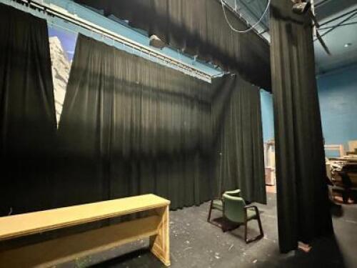SEVERAL SETS OF BLACK STAGE BACK DROP CURTAINS.