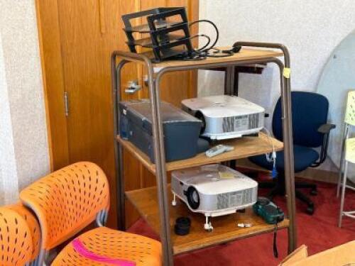 MEDIA BOOK SHELF WITH BROKEN PROJECTORS