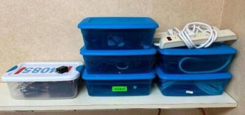(6) PLASTIC TOTES W/ CONTENTS - GAMING CONTROLLERS, SURGE STRIPS, EXTENSION CORDS.
