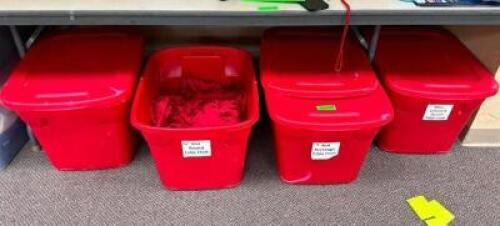 (4) RED PLASTIC TOTES W/ CONTENTS - APPEARS TO BE HOLIDAY DECORATIONS