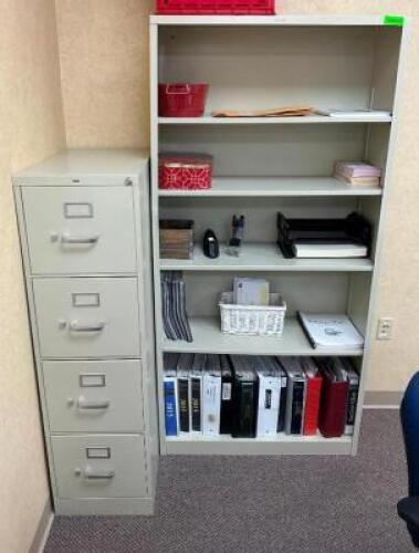 36" METAL BOOK CASE AND (1) FILE CABINET.