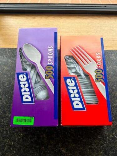 NEW BOXES OF PLASTIC SPOONS AND FORKS