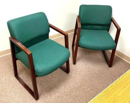 (2) WOODEN FRAMED ARM CHAIRS- GREENLOCATION ROOM 212