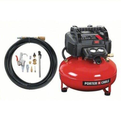 DESCRIPTION: (1) PORTABLE AIR COMPRESSOR BRAND/MODEL: PORTER CABLE #54DF06 INFORMATION: RED SIZE: OIL FREE, 6 GAL, PANCAKE, 0.8 HP, 2.6 CFM @ 90 PSI,
