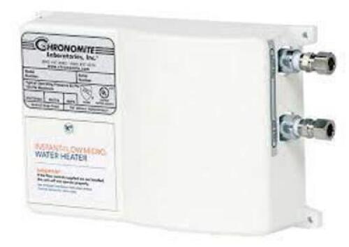 DESCRIPTION: (1) ELECTRIC TANKLESS WATER HEATER BRAND/MODEL: CHRONOMITE #197C60 INFORMATION: WHITE, PLASTIC SIZE: 4,800 W, 1 GPM MAX. FLOW RATE, 6.25