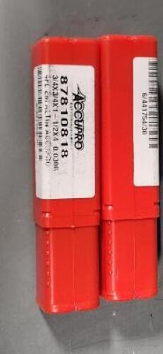 DESCRIPTION: (2) SOLID CARBIDE CORNER RADIUS END MILL BRAND/MODEL: ACCUPRO 87810818 RETAIL$: $325.16 SIZE: 3/4" 1-1/2" LOC 0.03"RAD QTY: 2
