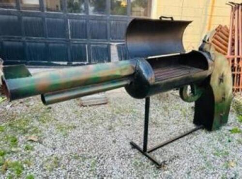 DESCRIPTION: ONE OF A KIND BBQ GRILL INFORMATION: SMOKE COMES OUT THE BARREL SIZE: 84"X36"X14" QTY: 1