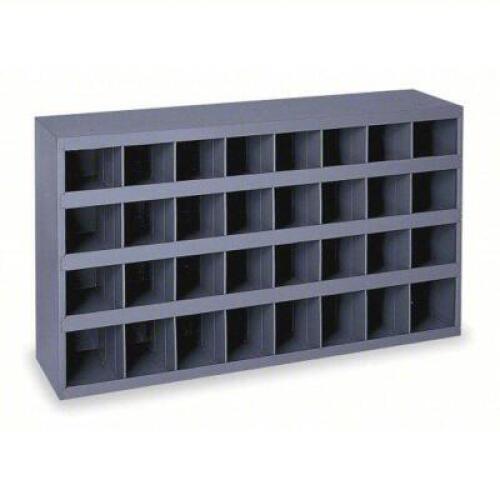 DESCRIPTION: (1) PIGEONHOLE BIN UNIT BRAND/MODEL: DURHAM MFG #45645033 INFORMATION: BLUE SIZE: 34 IN X 8 1/2 IN X 18 IN, 32 COMPARTMENTS RETAIL$: $158
