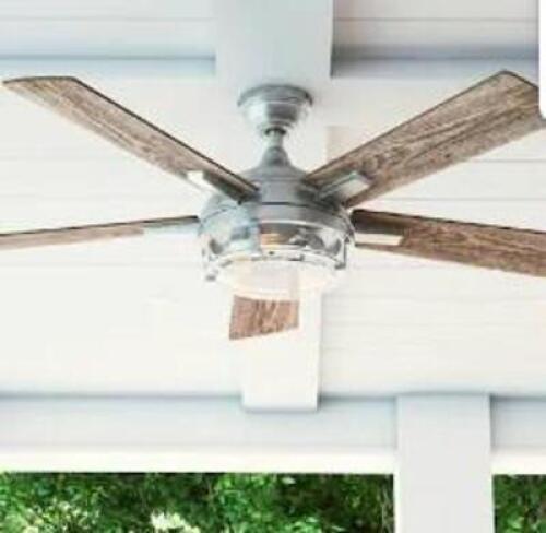 DESCRIPTION: (1) INDOOR/OUTDOOR CEILING FAN BRAND/MODEL: MODEL #51657 INFORMATION: GALVANIZED, CRAFTSMAN SIZE: 52" WOOD PATTERN RETAIL$: $234.66 EA QT