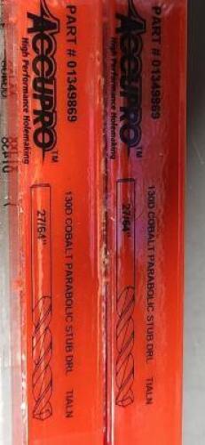 DESCRIPTION: (2) 130D COBALT PARABOLIC STUB DRILL BRAND/MODEL: ACCUPRO 01349869 SIZE: 27/64" RETAIL$: $65.53 QTY: 2