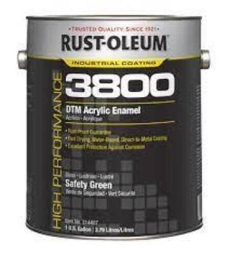DESCRIPTION: (2) DTM ACRYLIC ENAMEL BRAND/MODEL: RUST-OLEUM 3800 INFORMATION: SAFETY GREEN SIZE: 1 GALLON RETAIL$: $60.52 EA QTY: 2