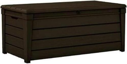 DESCRIPTION: (1) LARGE DECK BOX BRAND/MODEL: KETER BRIGHTWOOD INFORMATION: 120 GALLON STORAGE CAPACITY, RETAIL$: $179.99 SIZE: 57L x 27.5W x 23.7H QTY
