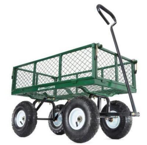 DESCRIPTION: (1) MESH GARDEN CART BRAND/MODEL: GORILLA CARTS/GOR400 INFORMATION: STEEL, 10" TIRES, 400LB CAPACITY RETAIL$: $109 SIZE: 18" X 34" BED, 3