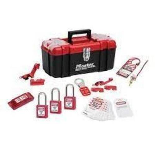 DESCRIPTION: (1) LOCK OUT KIT STORAGE TOOL BOX BRAND/MODEL: MASTER LOCK #1457E410KAWWG INFORMATION: BLACK WITH RED RETAIL$: $168.58 EA QTY: 1