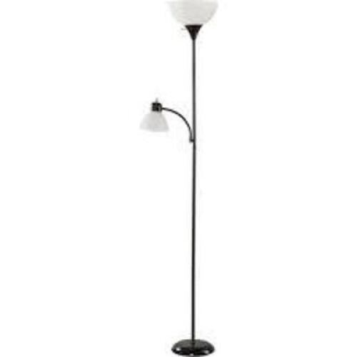 DESCRIPTION: (1) FLOOR LAMP WITH READING LIGHT BRAND/MODEL: MAINSTAYS INFORMATION: BLACK SIZE: 6' RETAIL$: $20.00 EA QTY: 1