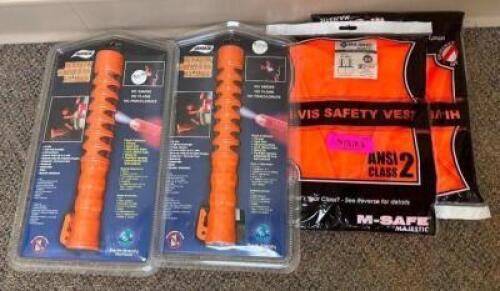 (2) BATON TRAFFIC FLARES AND (2) SAFETY VESTS