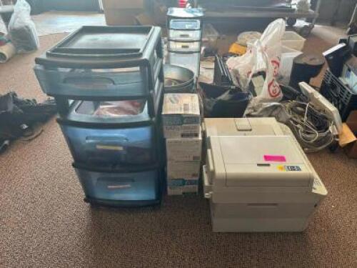 (1) LARGE LOT OF ASSORTED OFFICE SUPPLIES AND PRINTERS.