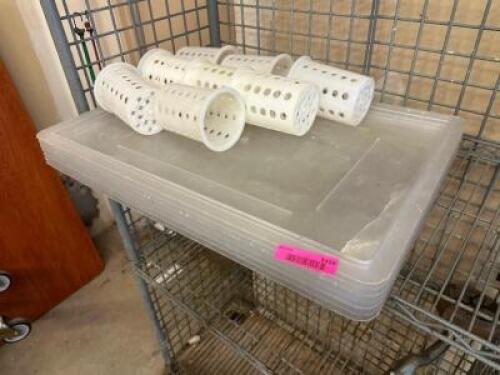 ASSORTED PLASTIC LIDS AND SILVERWARE CADDY INSERTS