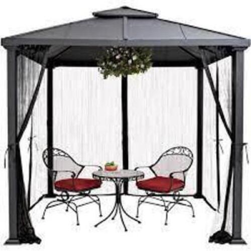 DESCRIPTION: (1) STEEL HARD TOP GAZEEBO WITH NETTING BRAND/MODEL: BETTER HOMES AND GARDENS INFORMATION: BLACK SIZE: 8' X 8', MUST COME INSPECT RETAIL$