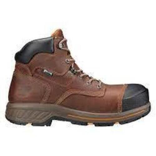DESCRIPTION: (1) PAIR OF WATERPROOF COMPOSITE SAFETY TOE WORK BOOTS BRAND/MODEL: TIMBERLAND PRO #378CZ9 INFORMATION: BROWN SIZE: 6", MENS 10.5 RETAIL$