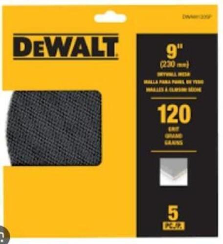DESCRIPTION: (5) PACKS OF (5) DRYWALL MESH BRAND/MODEL: DEWALT #DWAM1205P INFORMATION: 120 GRIT SIZE: 9" RETAIL$: $40.95 PER PACK QTY: 5