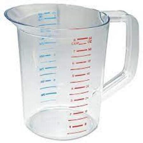 DESCRIPTION: (6) BOUNCER MEASURING CUP BRAND/MODEL: RUBBERMAID INFORMATION: CLEAR WITH RED AND BLUE MARKINGS SIZE: 8 CUP, 2 QT RETAIL$: $15.24 EA QTY: