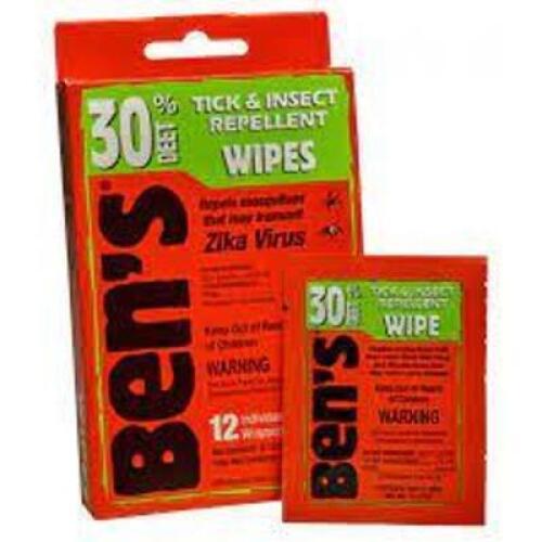 DESCRIPTION: (12) PACKS OF INSECT REPELLENT WIPES BRAND/MODEL: BENS 30 #0006-7085 INFORMATION: 30% DEET SIZE: 12 PER PACK RETAIL$: $7.95 EA QTY: 12