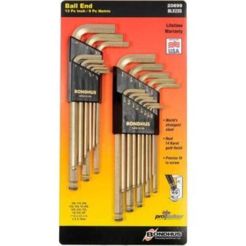 DESCRIPTION: (2) BALL END BALLDRIVER ALLEN WRENCH SET BRAND/MODEL: BONDHUS #37937 INFORMATION: GOLD PLATED SIZE: 13 PIECE RETAIL$: $25.56 EA QTY: 2